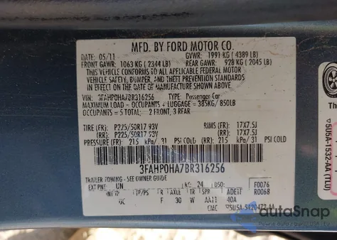 2011 Ford Fusion Se из США, поврежденный, VIN 3FAHP0HA7BR316256